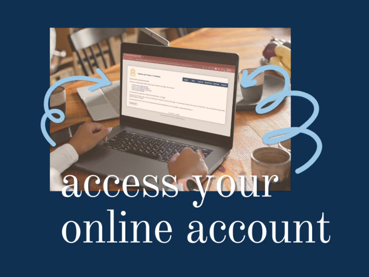 Access your online account: person accessing their online account on a laptop at the breakfast table. arrows pointing to laptop. 