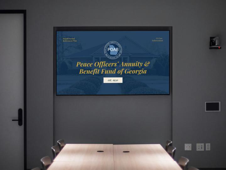 PowerPoint presentation on screen in meeting space